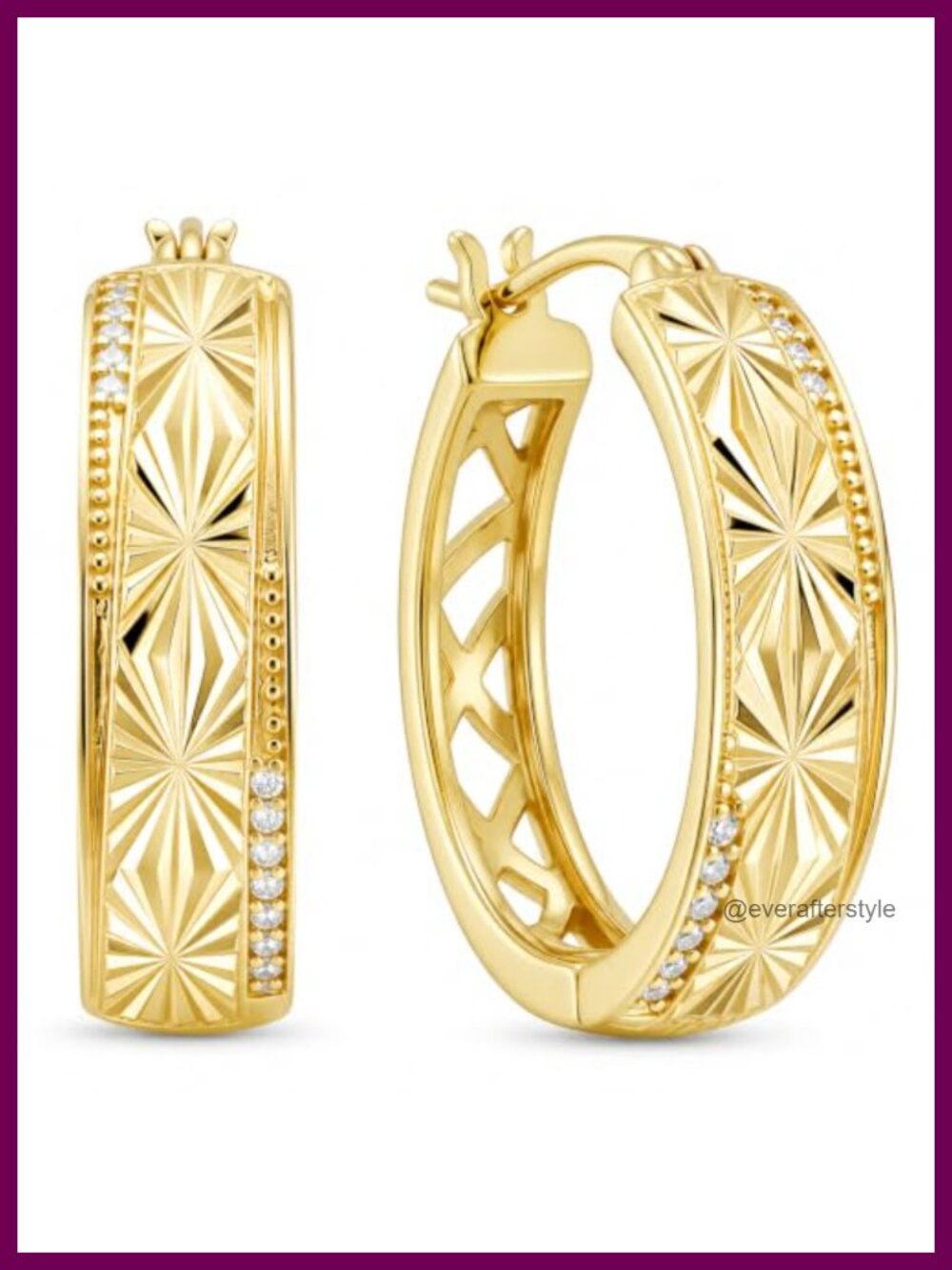 14K Gold Plated Chunky Hoop Earrings Textured Wide CZ Hoops
